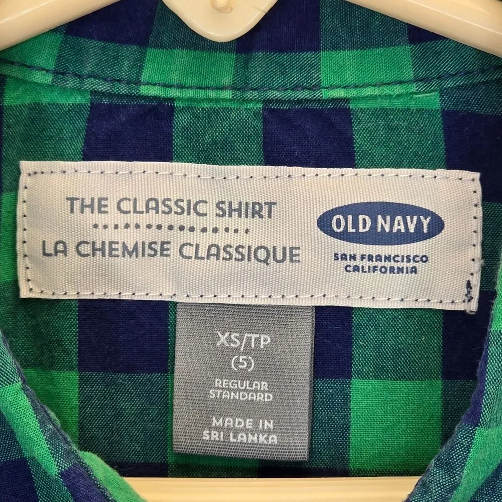 Old Navy Boys XS Classic Shirt Green Blue Plaid Short Sleeve Button Up Shirt